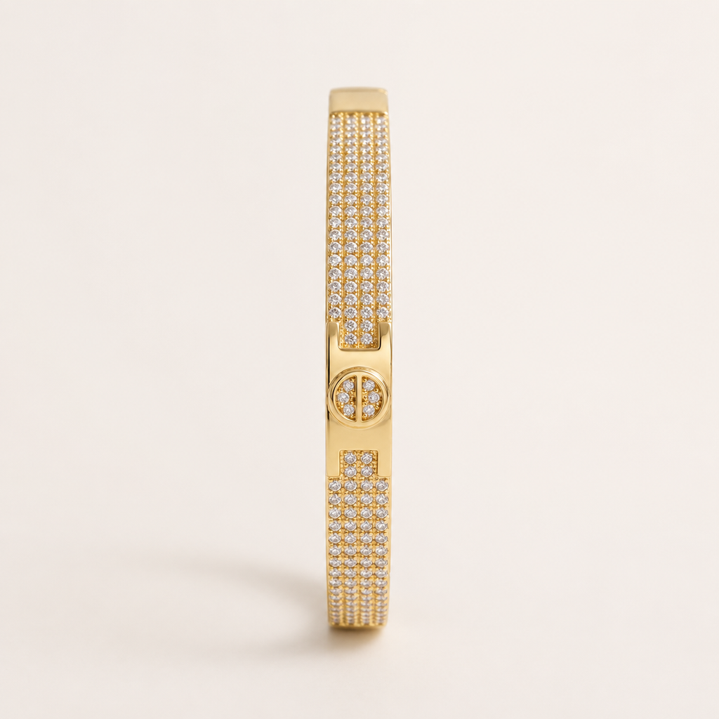 Four Row Pave Screw Accent Gold Bangle (MES100022)