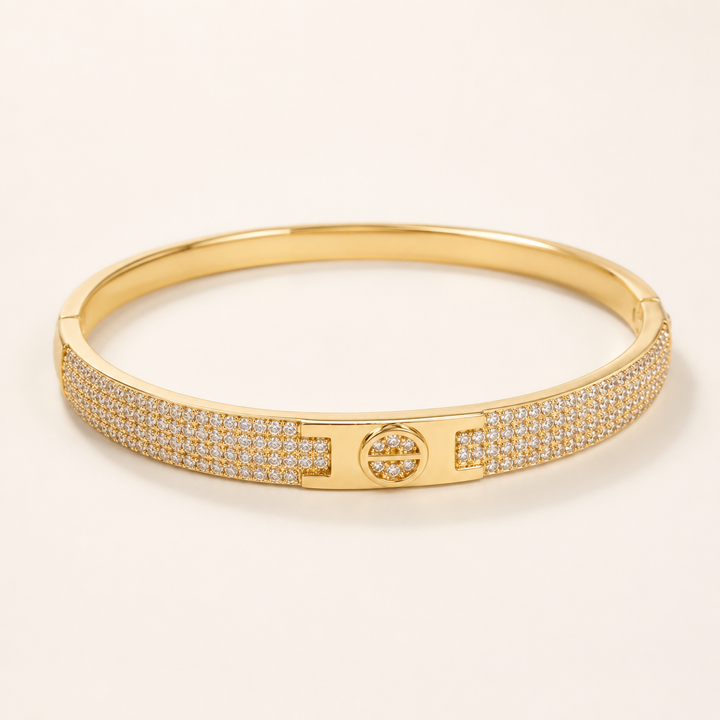 Four Row Pave Screw Accent Gold Bangle (MES100022)