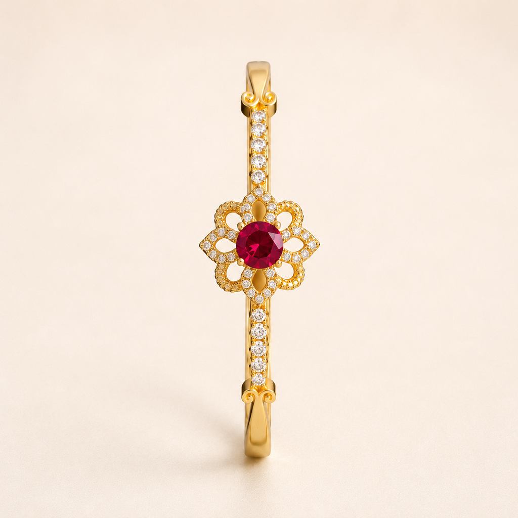 Ruby Red Floral Halo Gold Bangle Bracelet (MES100023)