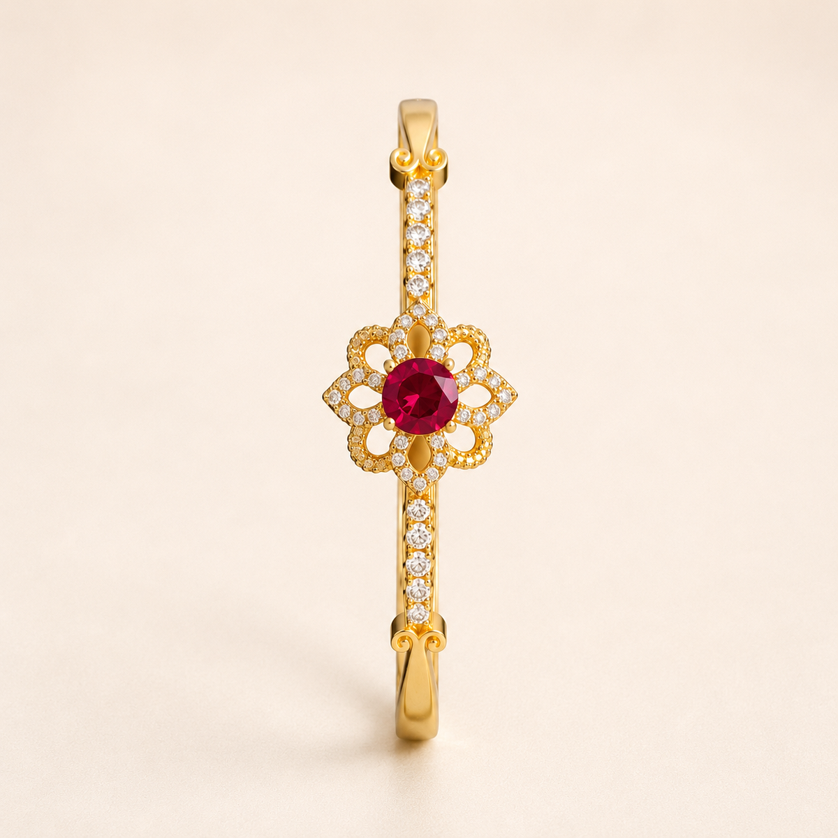 Ruby Red Floral Halo Gold Bangle Bracelet (MES100023)