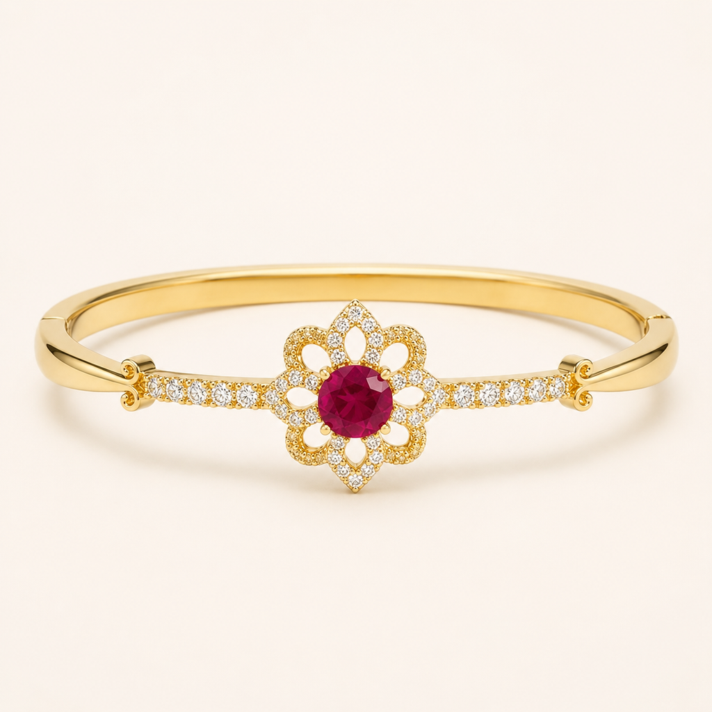 Ruby Red Floral Halo Gold Bangle Bracelet (MES100023)