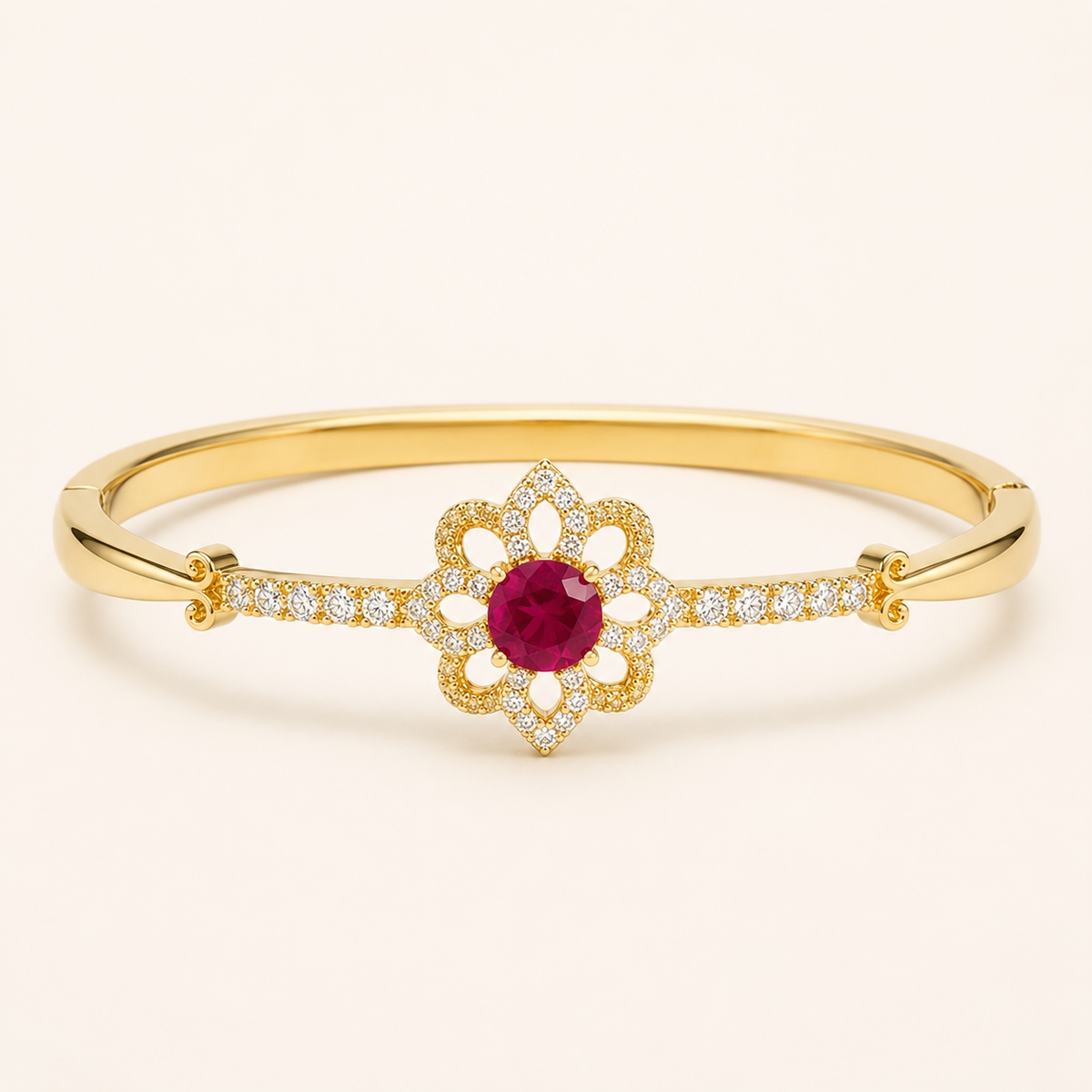 Ruby Red Floral Halo Gold Bangle Bracelet (MES100023)