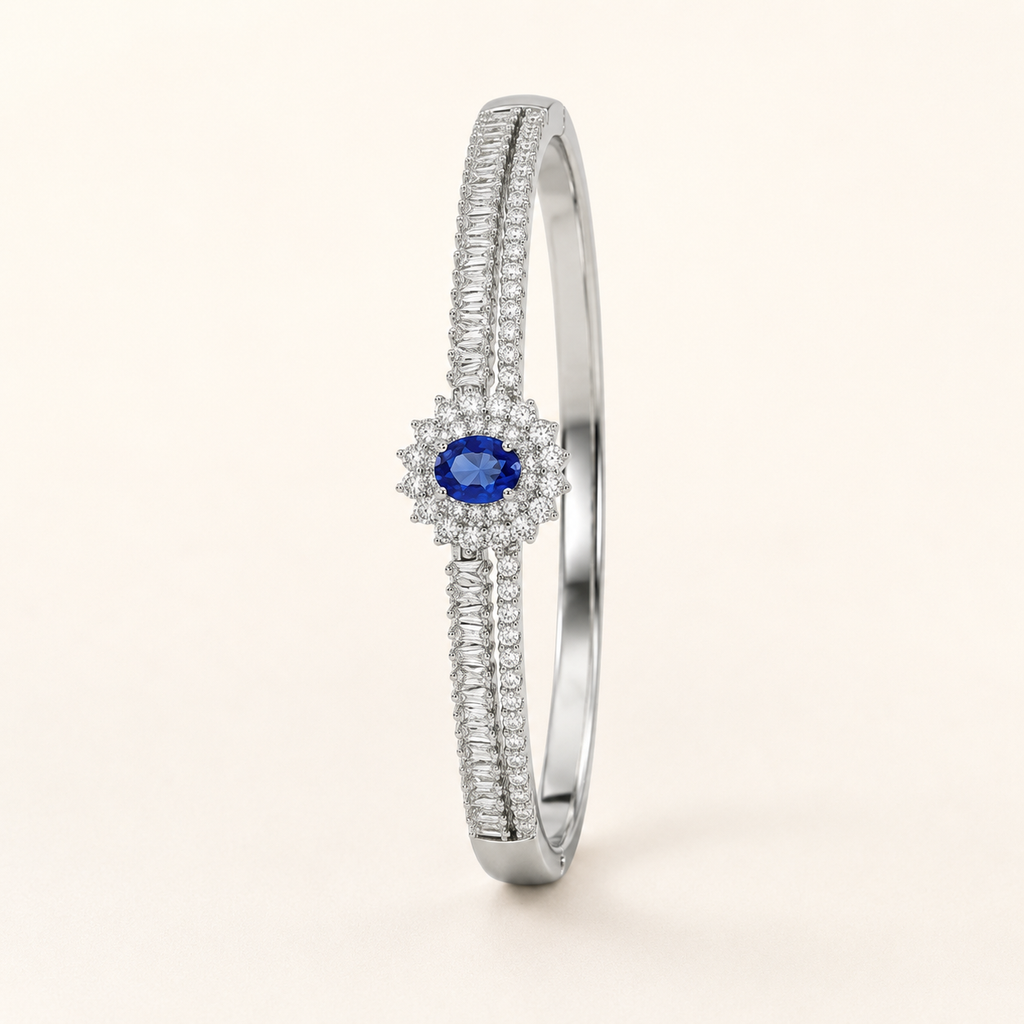 Blue Sapphire Oval Halo Silver Bangle Bracelet (MES100026)
