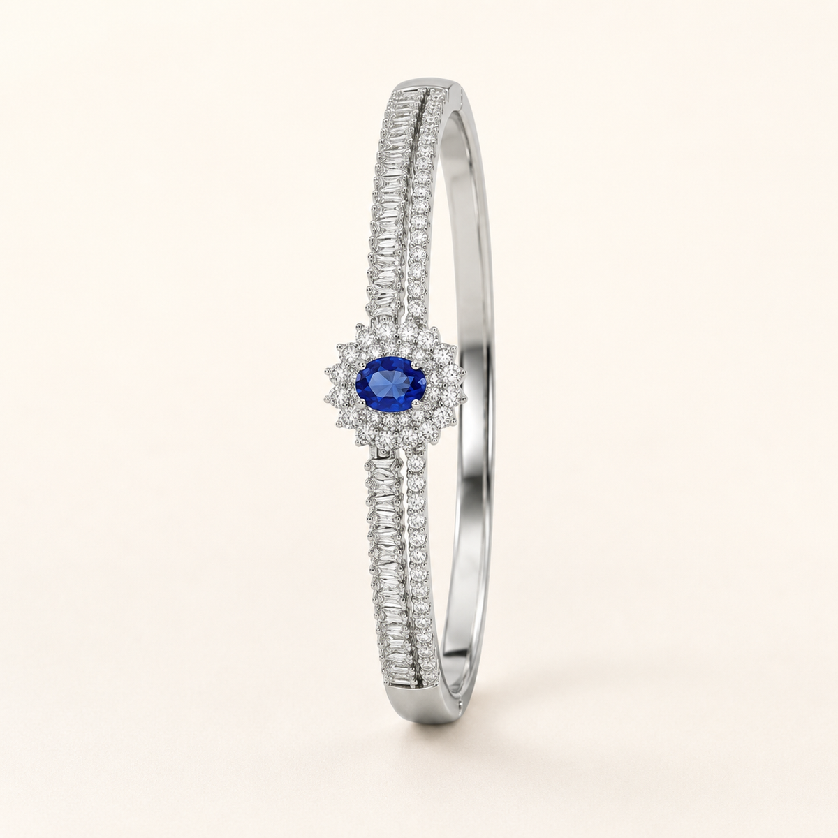 Blue Sapphire Oval Halo Silver Bangle Bracelet (MES100026)