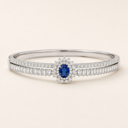 Blue Sapphire Oval Halo Silver Bangle Bracelet (MES100026)