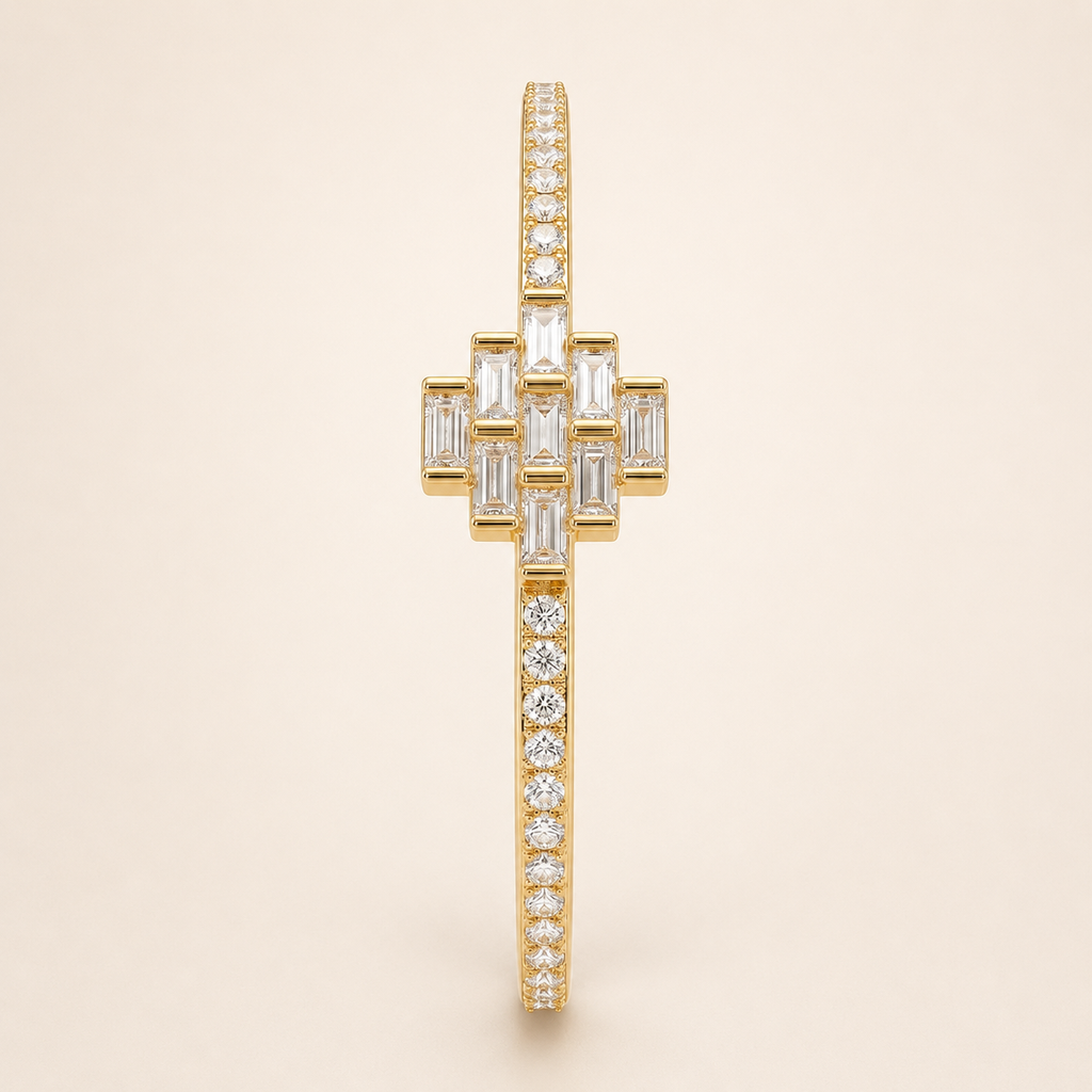 Geometric Baguette Cross Gold Bangle Bracelet (MES100027)