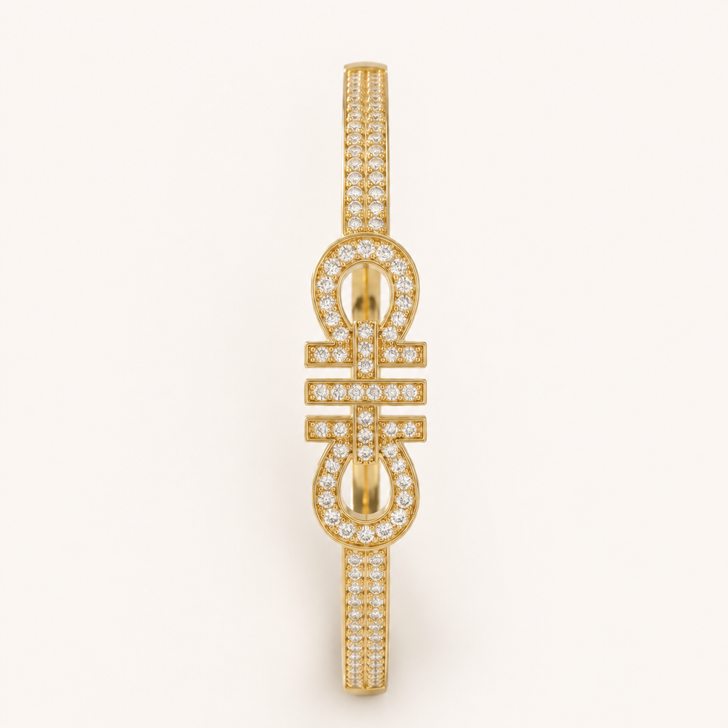 Pave Interlocking Buckle Motif Gold Bangle (MES100028)