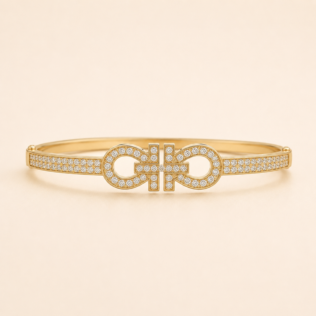 Pave Interlocking Buckle Motif Gold Bangle (MES100028)
