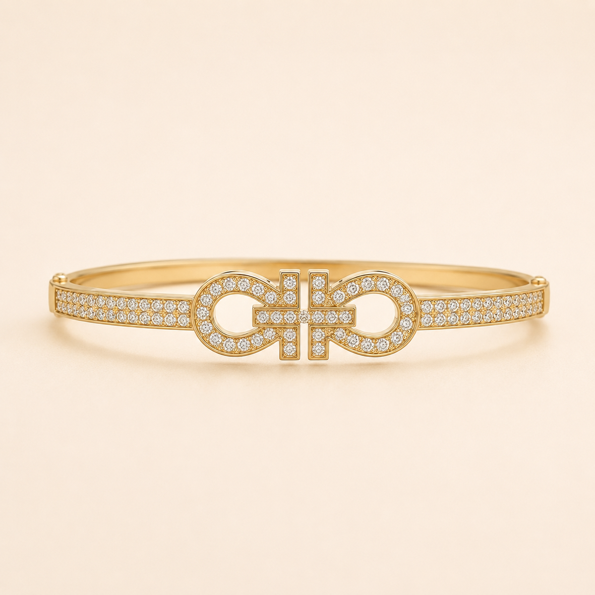 Pave Interlocking Buckle Motif Gold Bangle (MES100028)