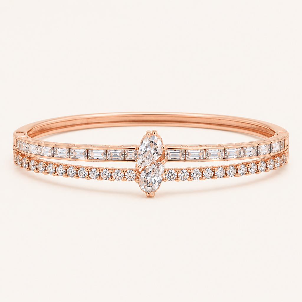 Marquise Solitaire Baguette Dual Band Rose Gold Bangle (MES100029)