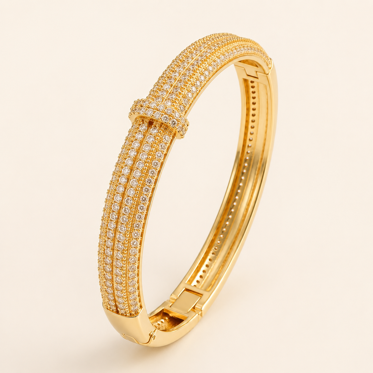 Double Row Micro Pave Gold Bangle Bracelet (MES100032)