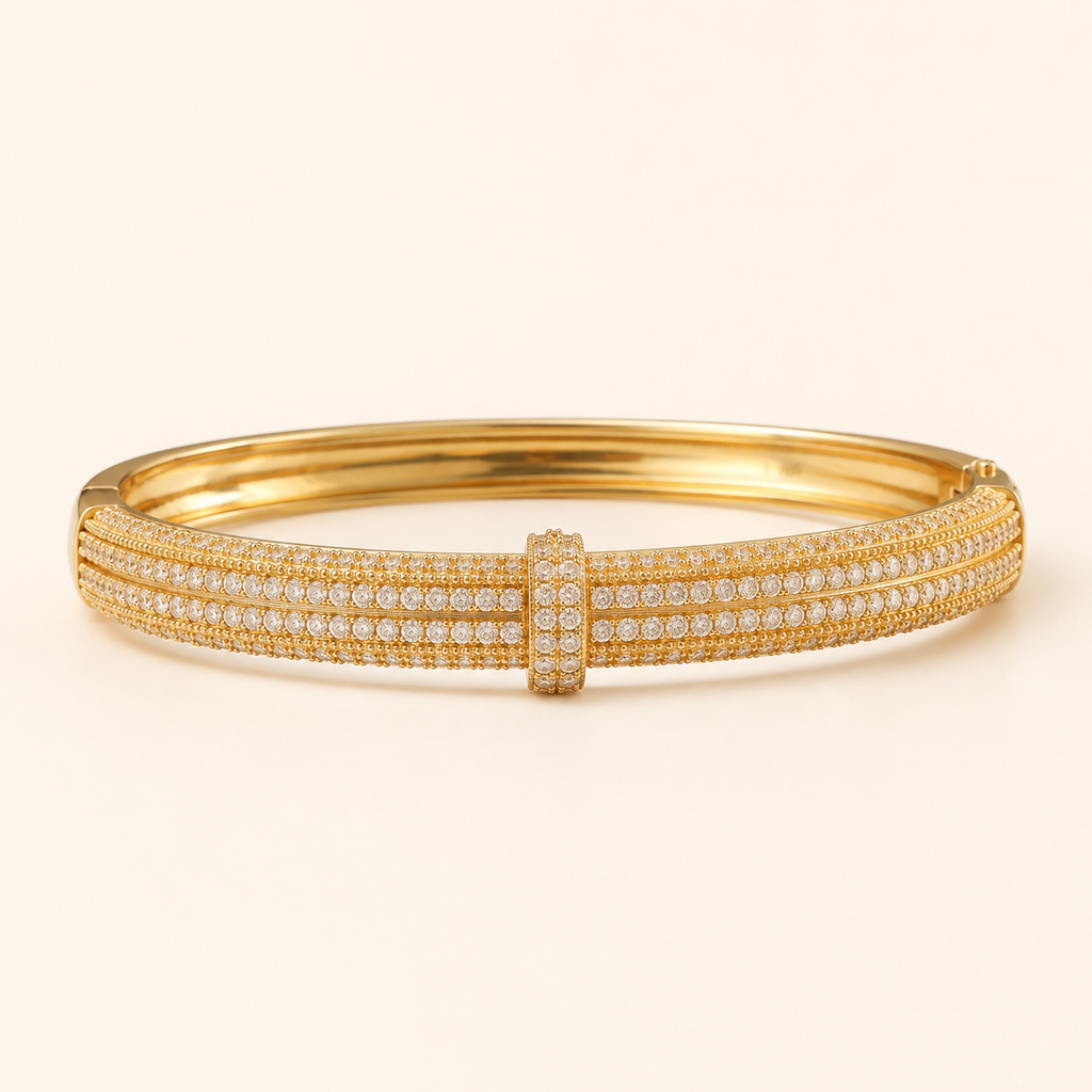 Double Row Micro Pave Gold Bangle Bracelet (MES100032)