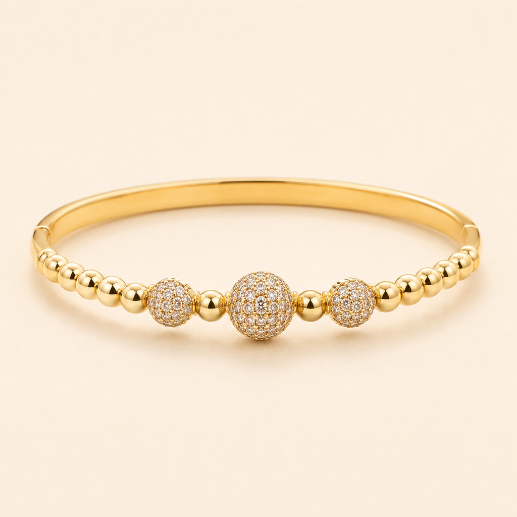Pave Sphere Bead Accent Gold Bangle (MES100034)