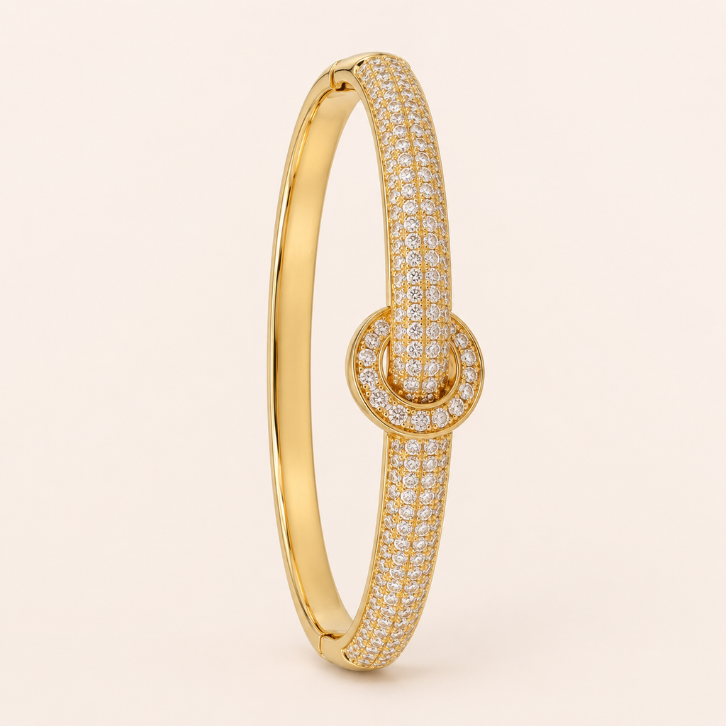 Round Belt Buckle Fully Paved Gold Bangle (MES100035)