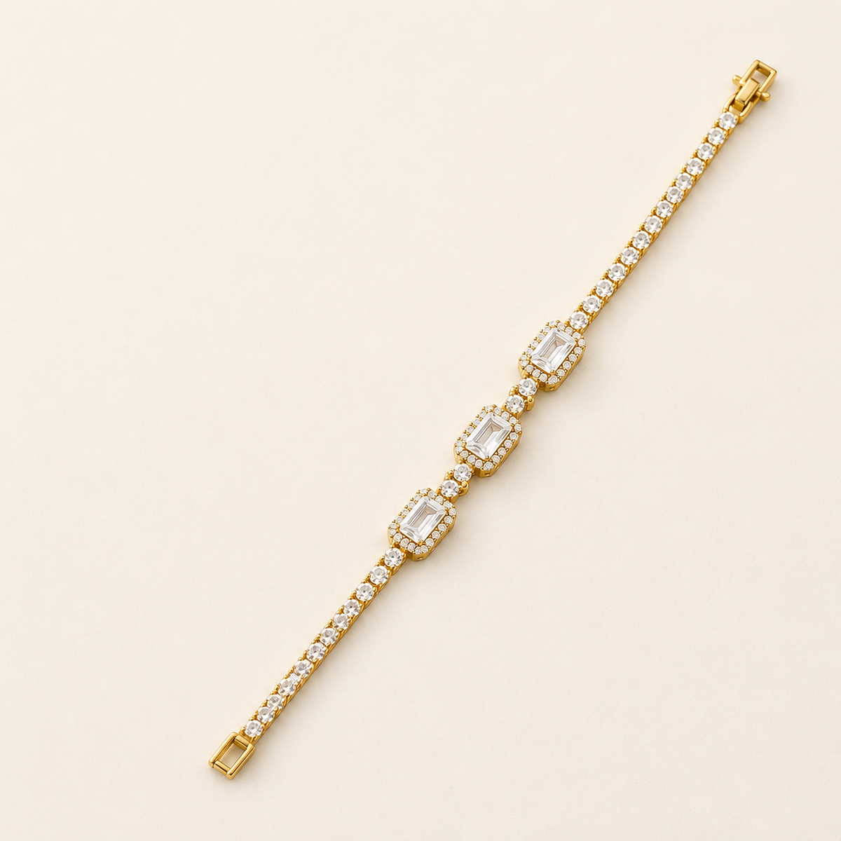 Emerald Cut Halo Crystal Gold Tennis Bracelet (MES100036)