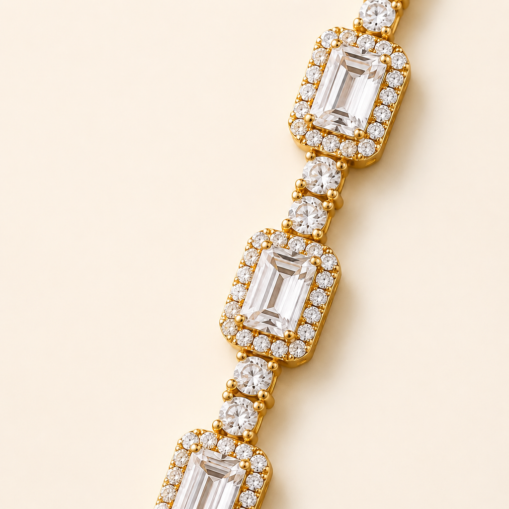Emerald Cut Halo Crystal Gold Tennis Bracelet (MES100036)