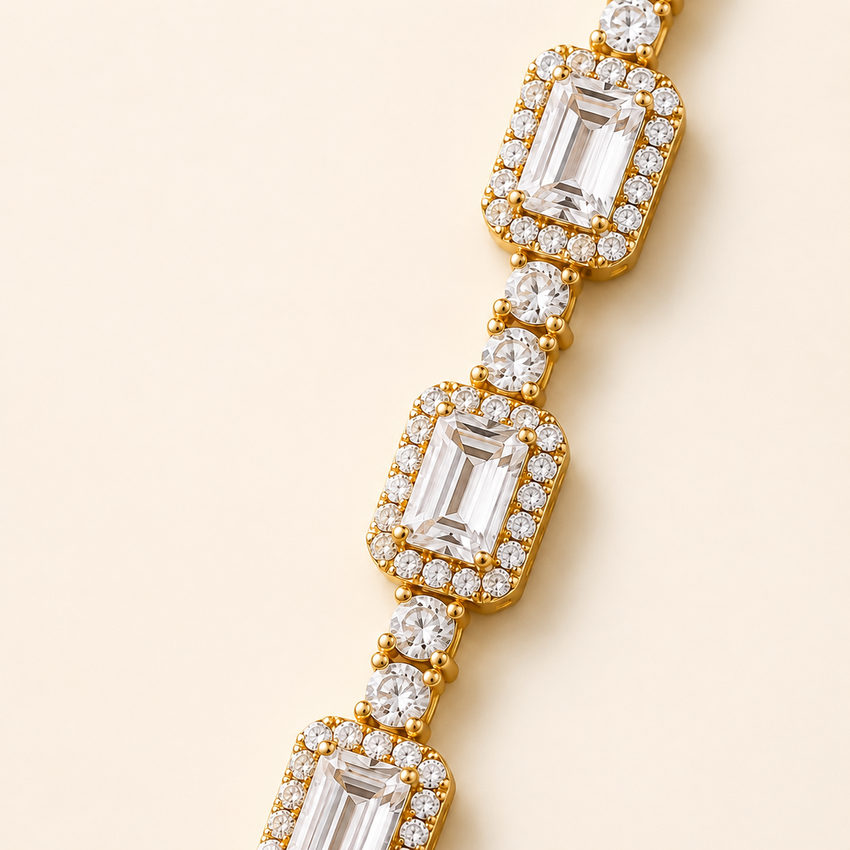 Emerald Cut Halo Crystal Gold Tennis Bracelet (MES100036)