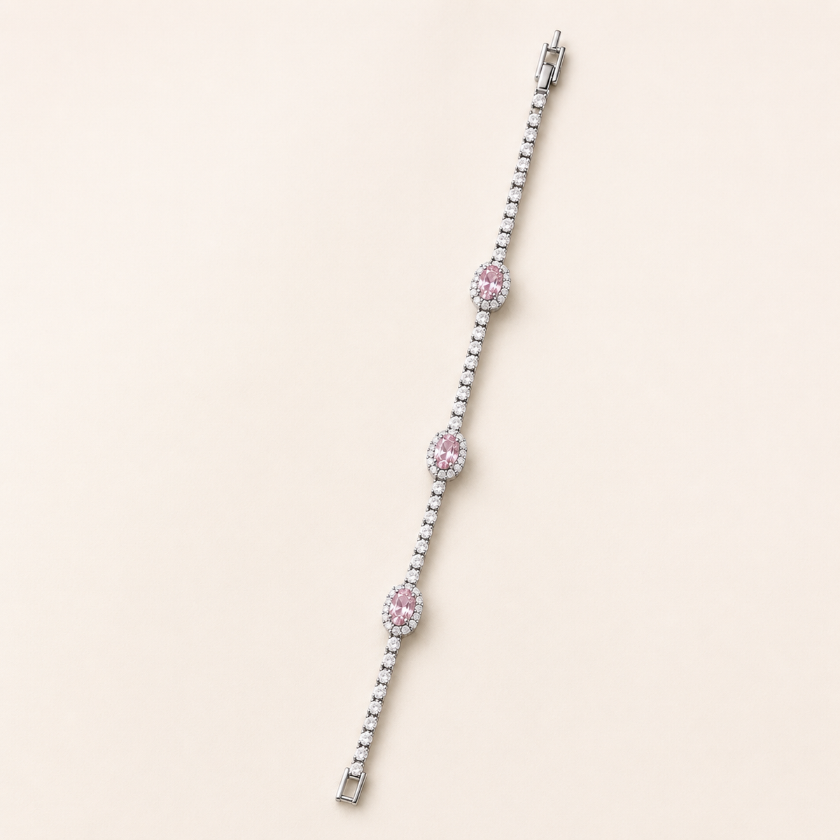 Pink Oval Halo Crystal Silver Tennis Bracelet (MES100037)