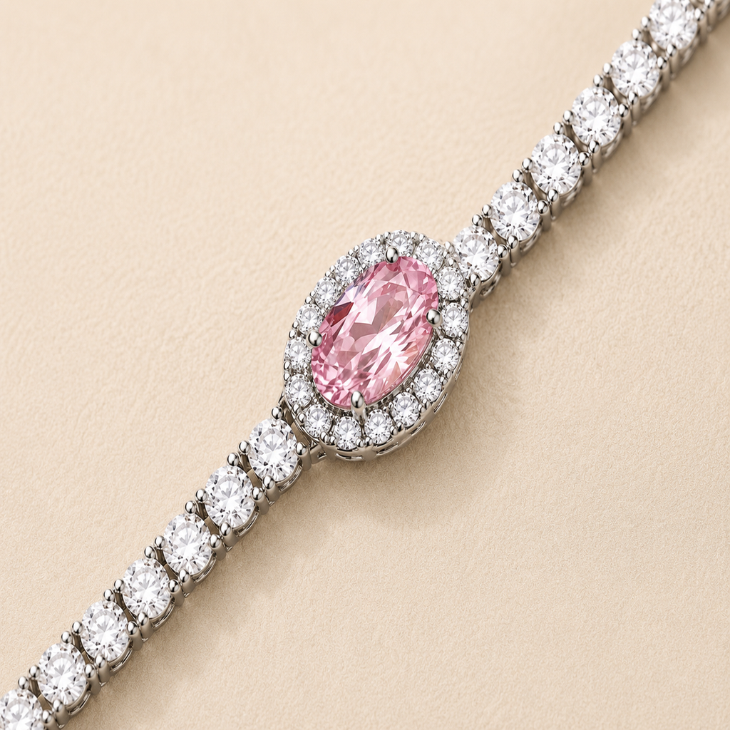 Pink Oval Halo Crystal Silver Tennis Bracelet (MES100037)