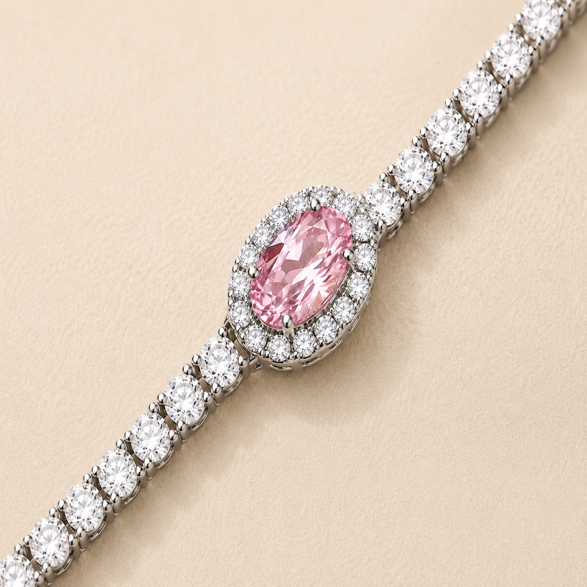 Pink Oval Halo Crystal Silver Tennis Bracelet (MES100037)