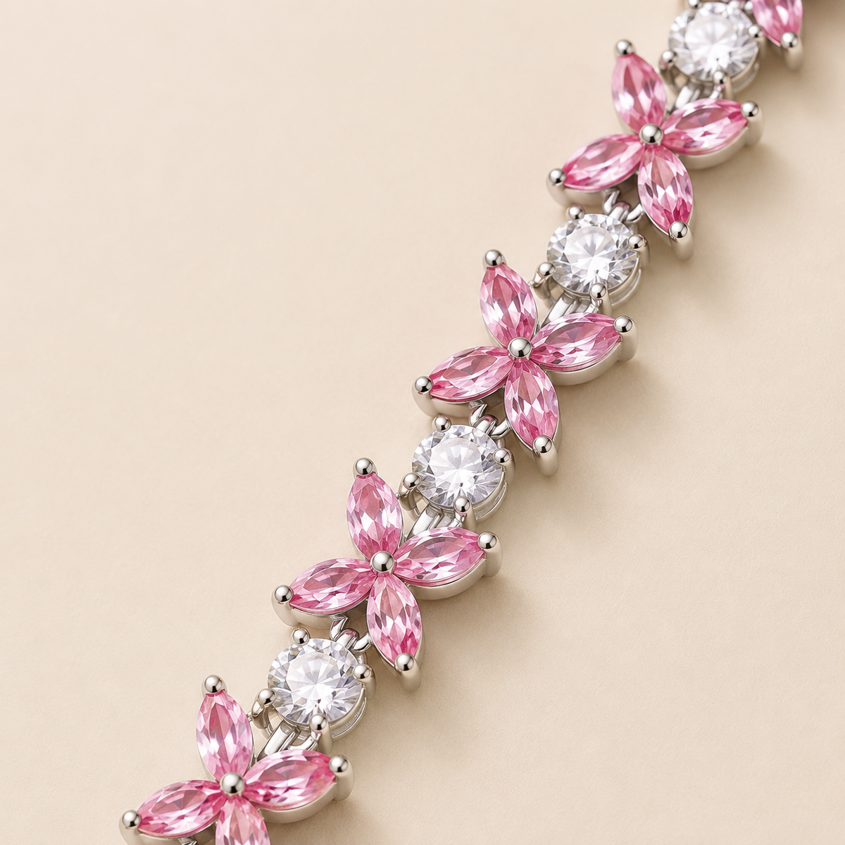 Pink Marquise Butterfly Cluster Silver Bracelet (MES100040)