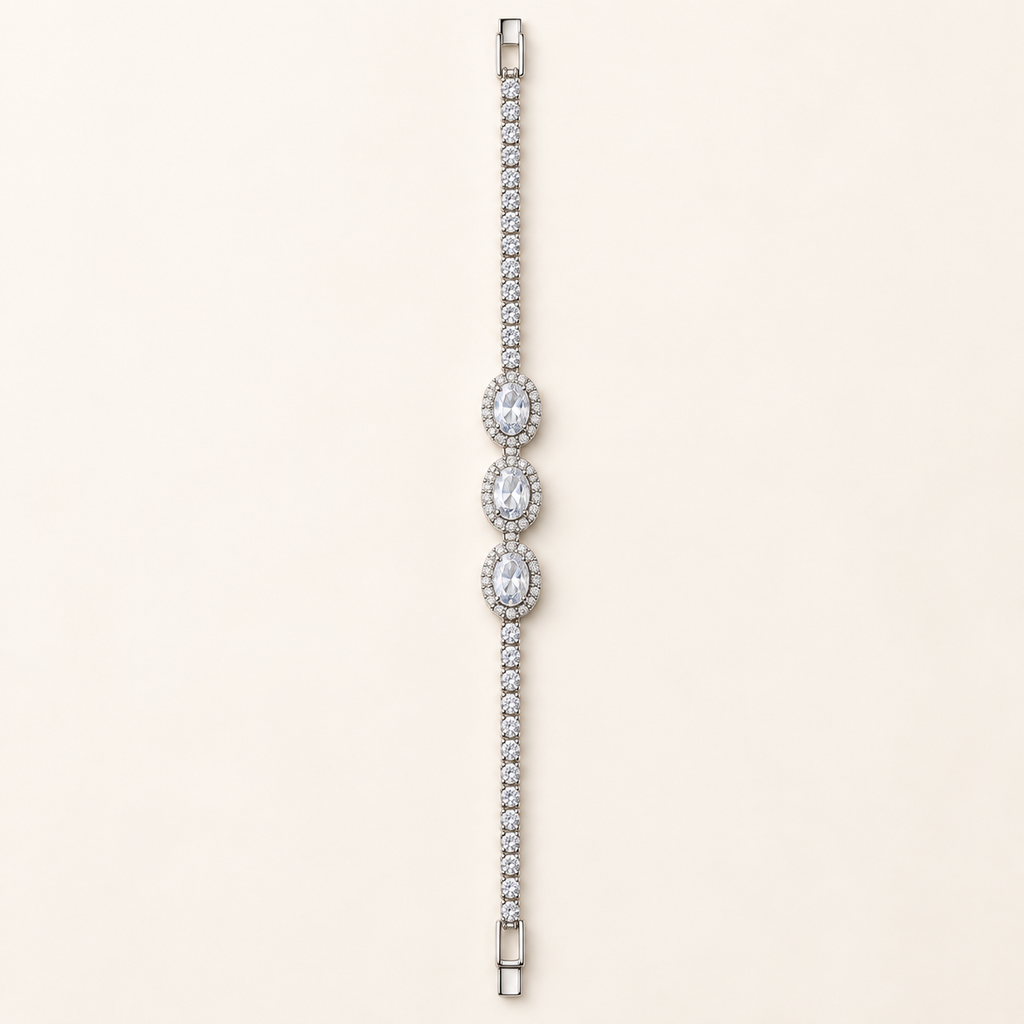 Trio Oval Solitaire Silver Tennis Bracelet (MES100043)