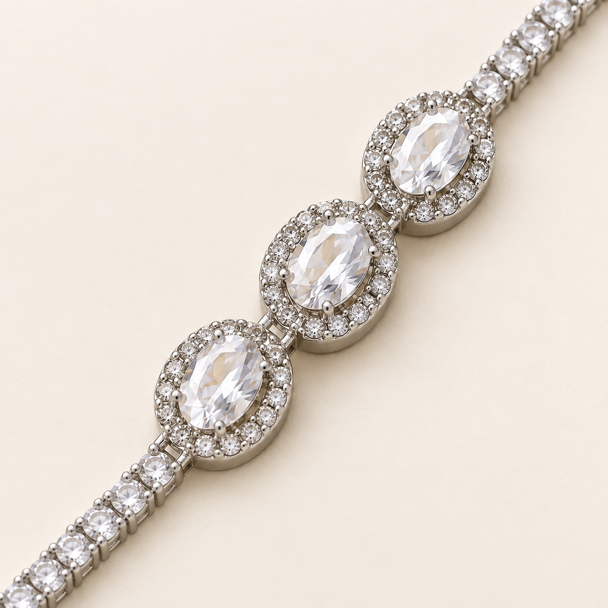 Trio Oval Solitaire Silver Tennis Bracelet (MES100043)