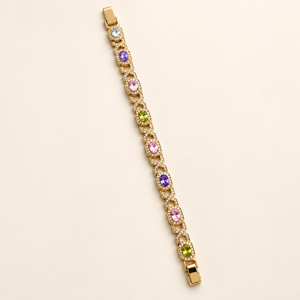 Multicolored Gemstone Lattice Gold Link Bracelet (MES100044)