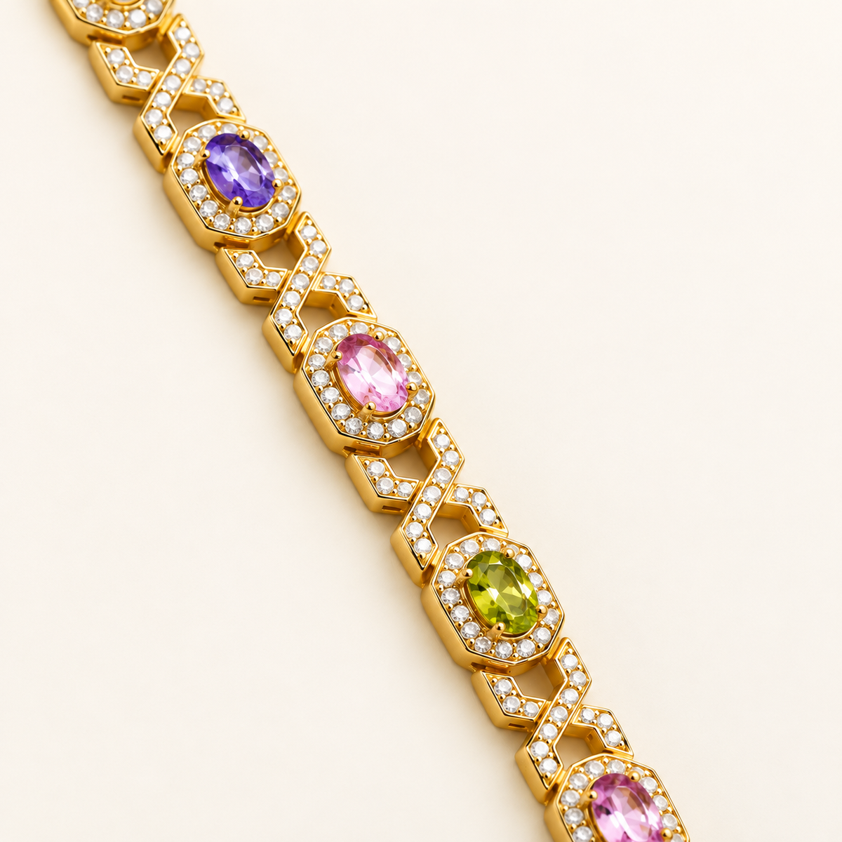 Multicolored Gemstone Lattice Gold Link Bracelet (MES100044)