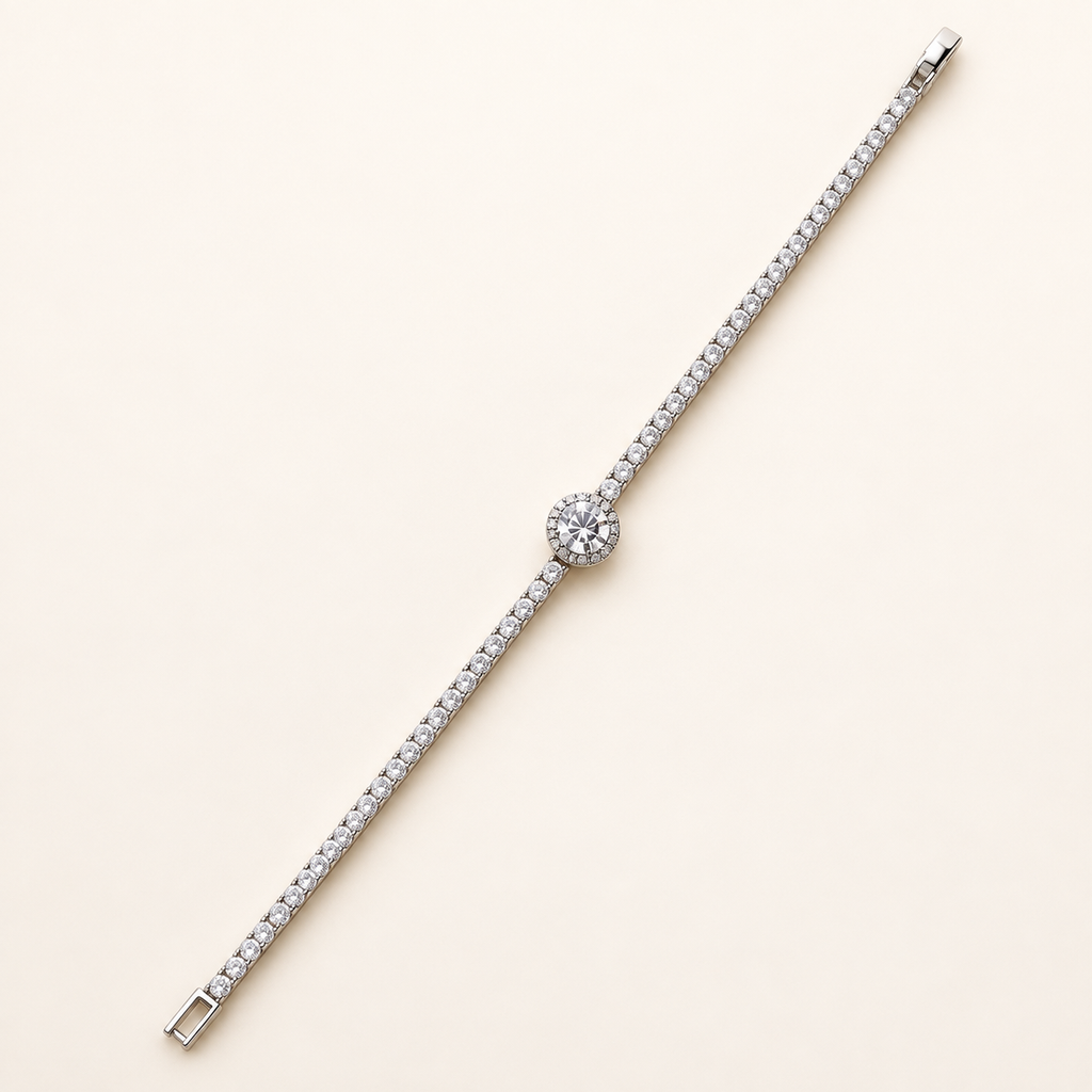 Solitaire Halo Round Crystal Silver Tennis Bracelet (MES100047)