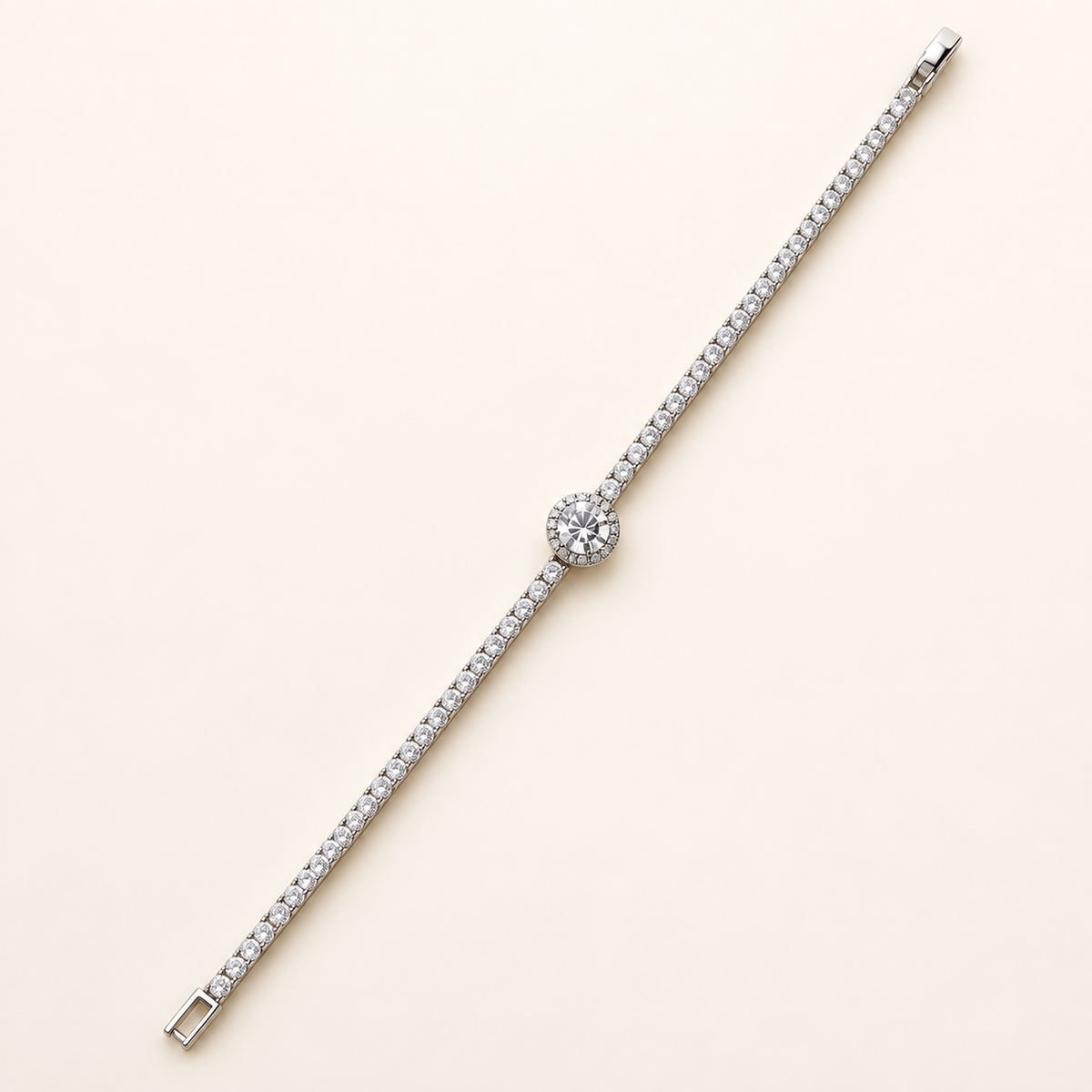 Solitaire Halo Round Crystal Silver Tennis Bracelet (MES100047)