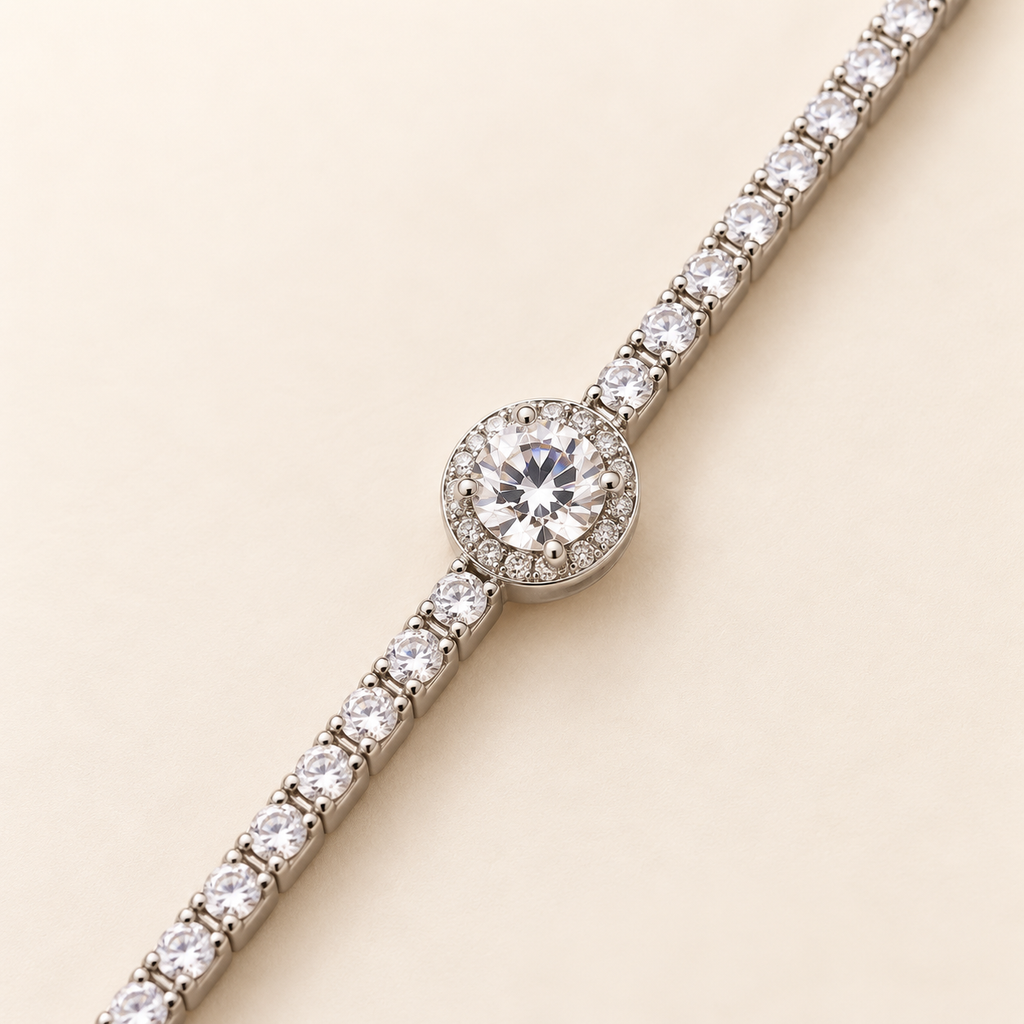 Solitaire Halo Round Crystal Silver Tennis Bracelet (MES100047)