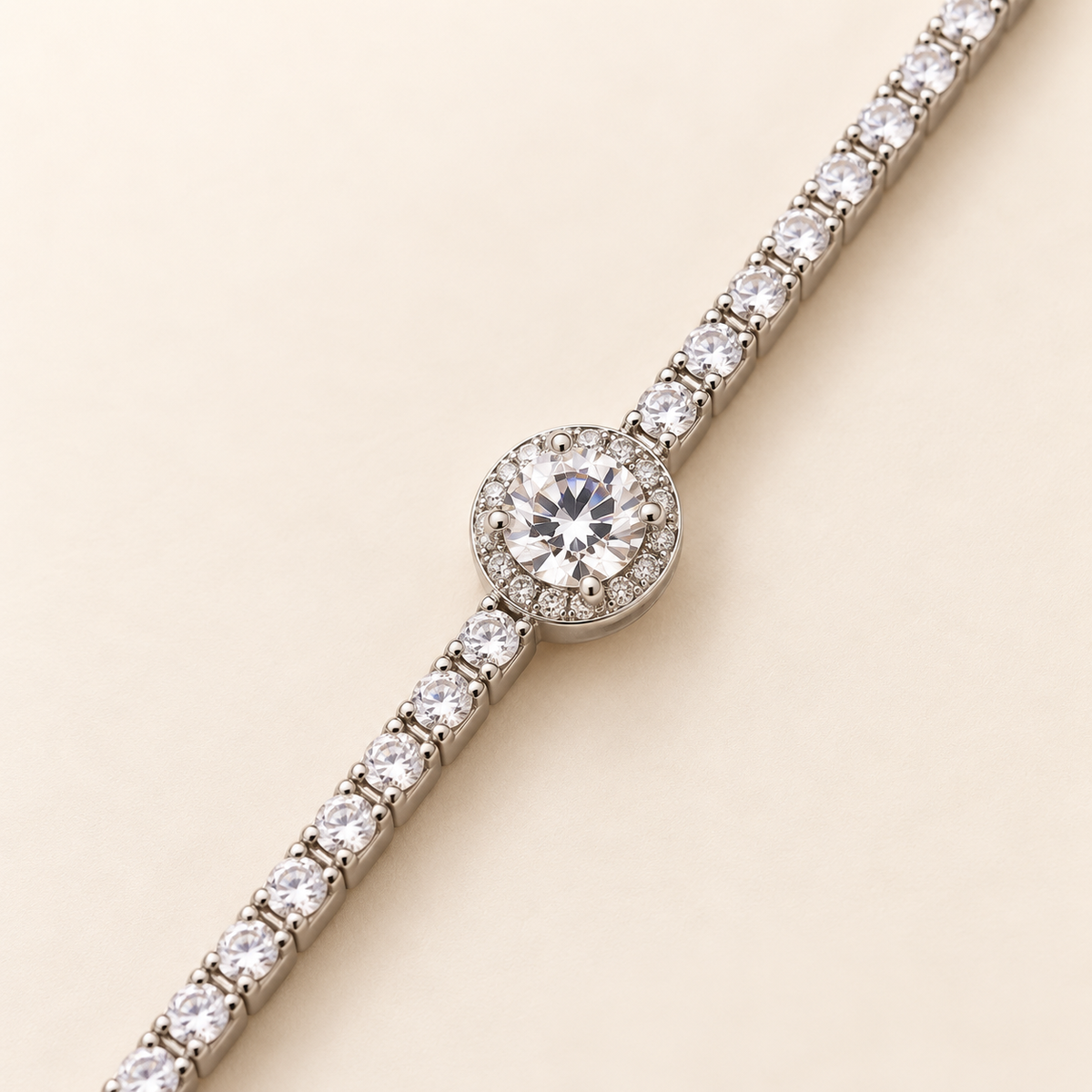 Solitaire Halo Round Crystal Silver Tennis Bracelet (MES100047)