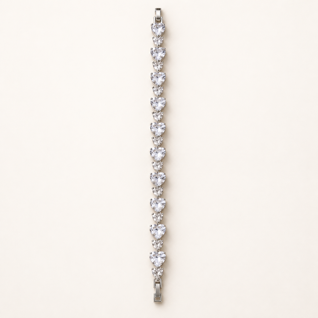 Graduated Heart Cut Crystal Silver Tennis Bracelet (MES100049)