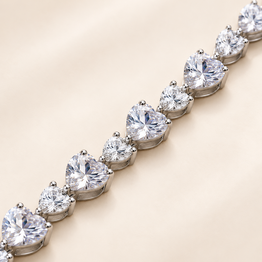 Graduated Heart Cut Crystal Silver Tennis Bracelet (MES100049)