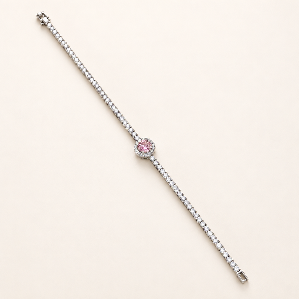Pink Center Stone Halo Silver Tennis Bracelet (MES100050)