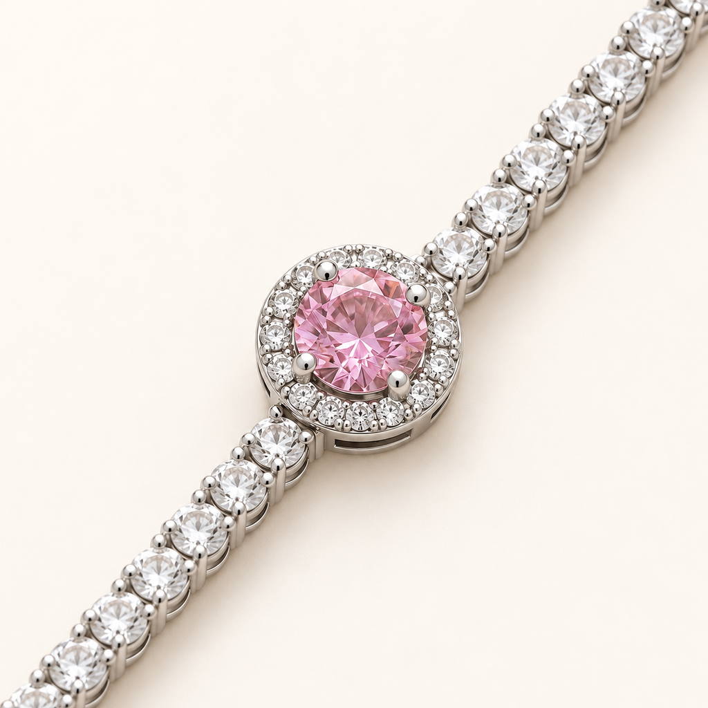 Pink Center Stone Halo Silver Tennis Bracelet (MES100050)