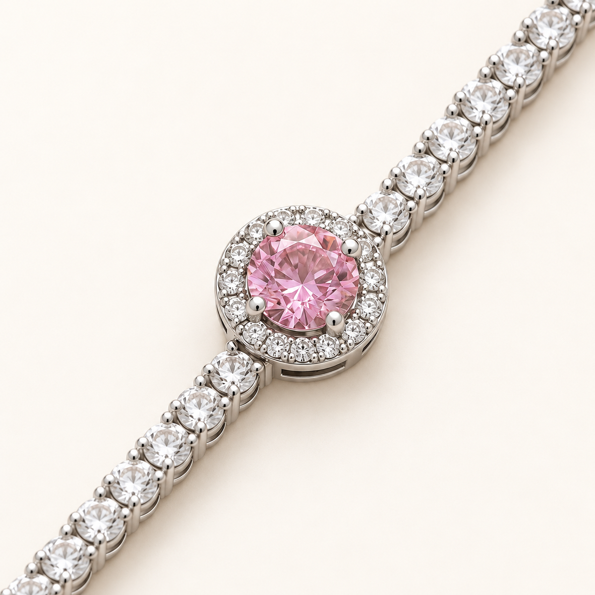 Pink Center Stone Halo Silver Tennis Bracelet (MES100050)