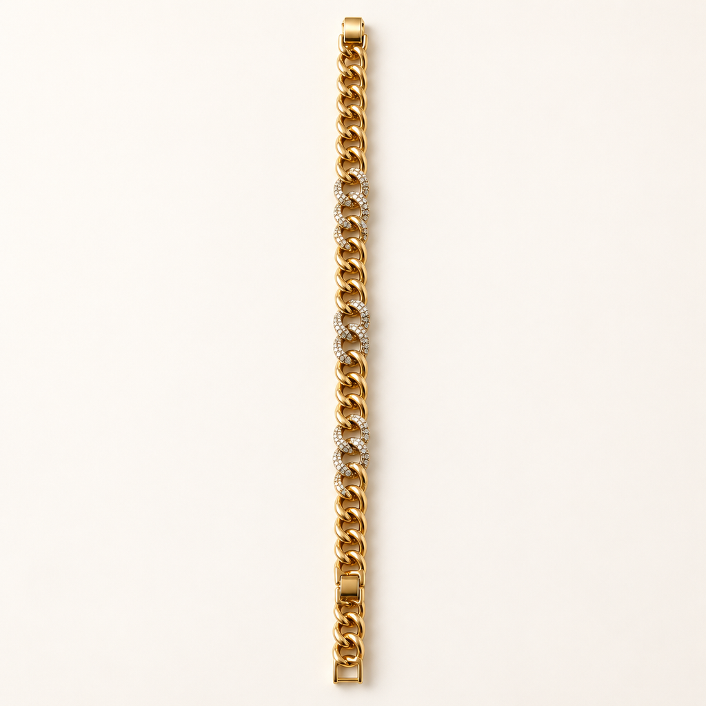 Pave Accent Cuban Link Gold Chain Bracelet (MES100051)
