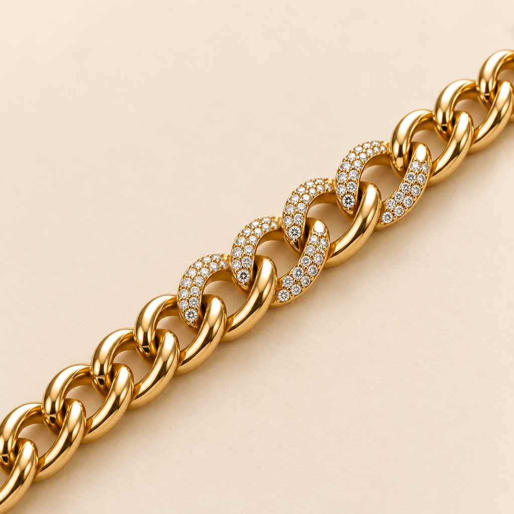 Pave Accent Cuban Link Gold Chain Bracelet (MES100051)