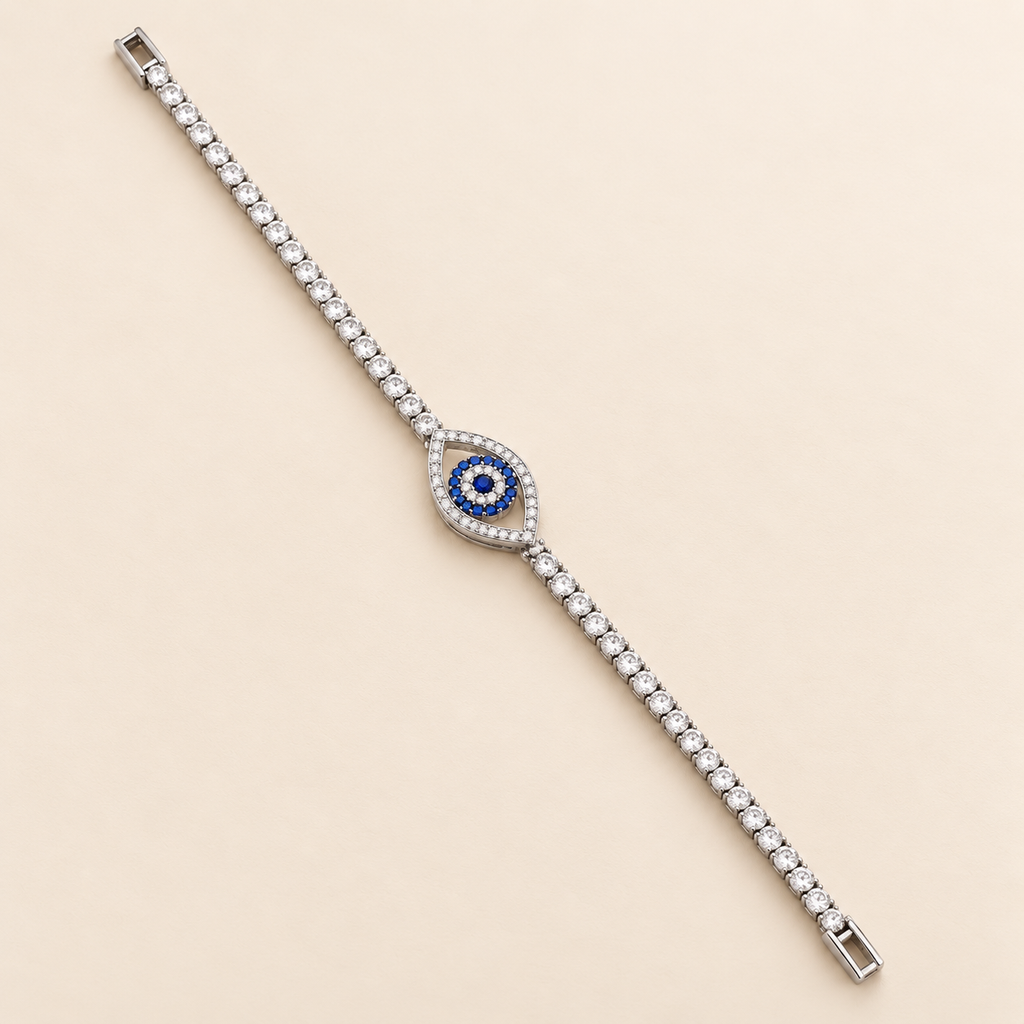 Blue Sapphire Evil Eye Silver Tennis Bracelet (MES100052)