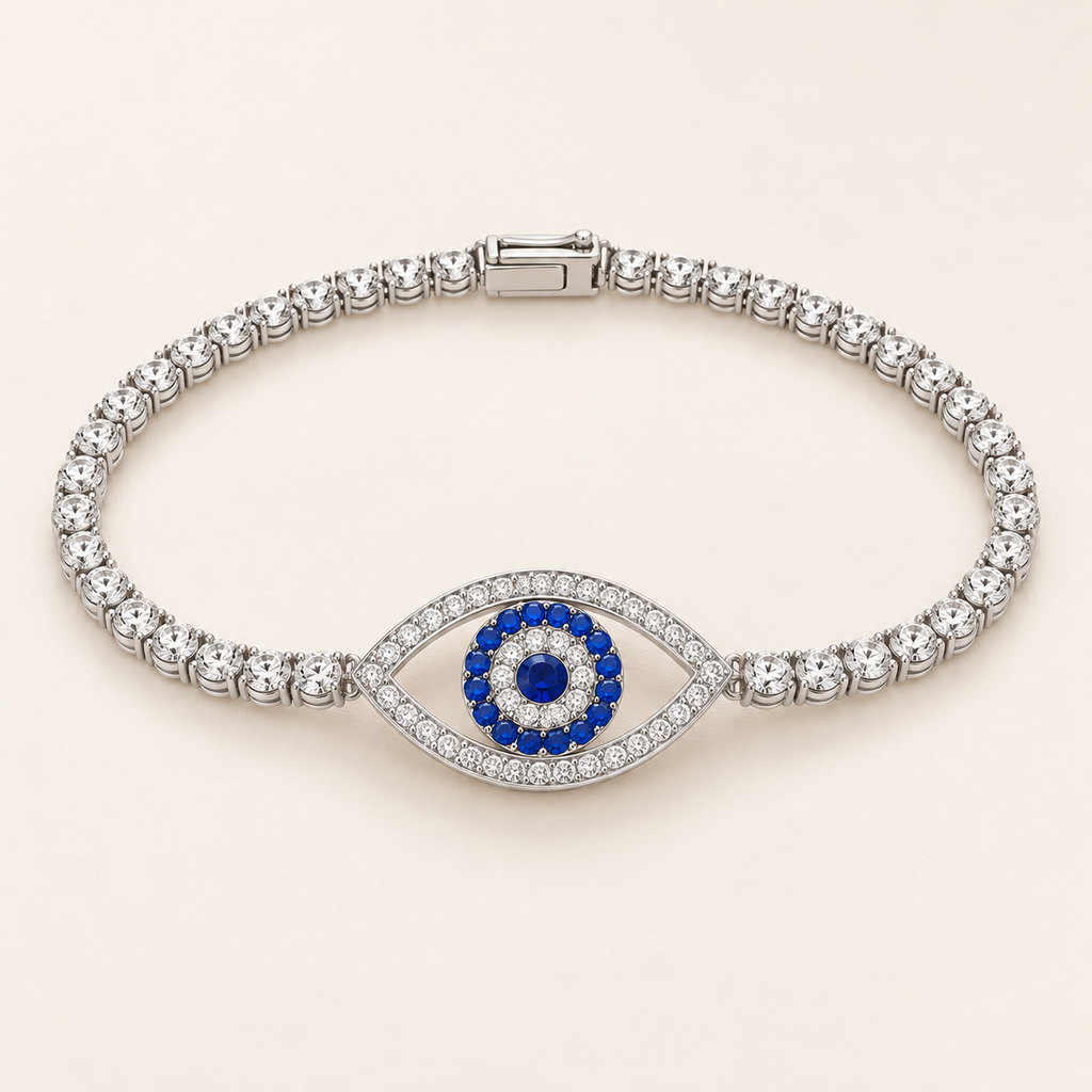 Blue Sapphire Evil Eye Silver Tennis Bracelet (MES100052)