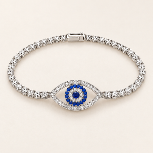 Blue Sapphire Evil Eye Silver Tennis Bracelet (MES100052)
