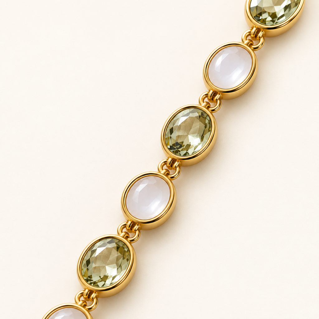 Sage Green Crystal & Opal Gold Link Bracelet (MES100055)