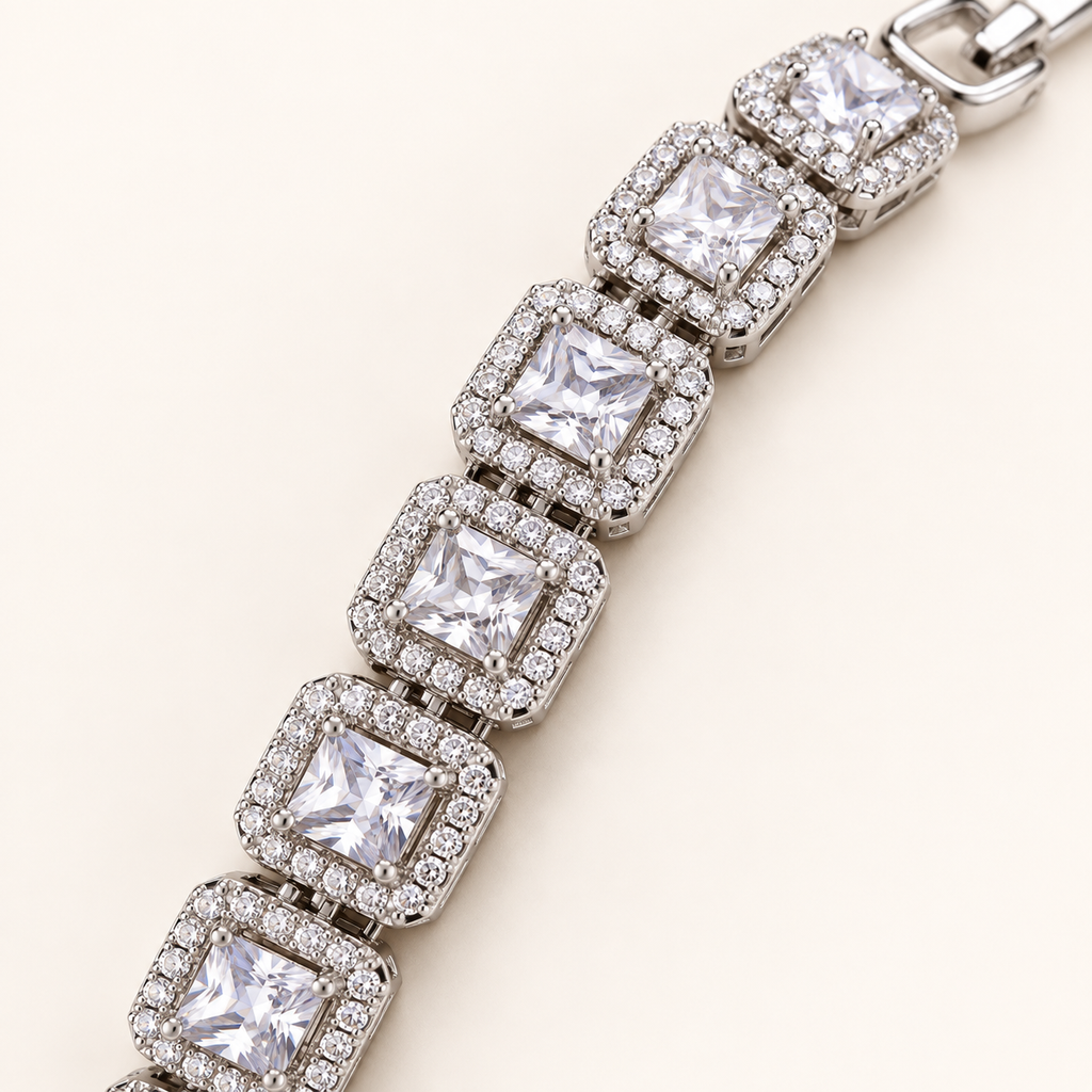 Cushion Cut Halo Radiant Silver Tennis Bracelet (MES100056)