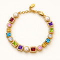 Rainbow Gemstone & Pearl Gold Link Bracelet (MES100057)