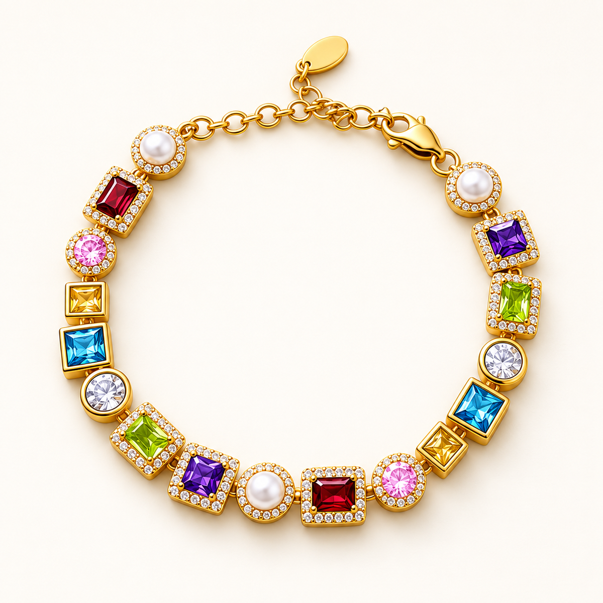 Rainbow Gemstone & Pearl Gold Link Bracelet (MES100057)