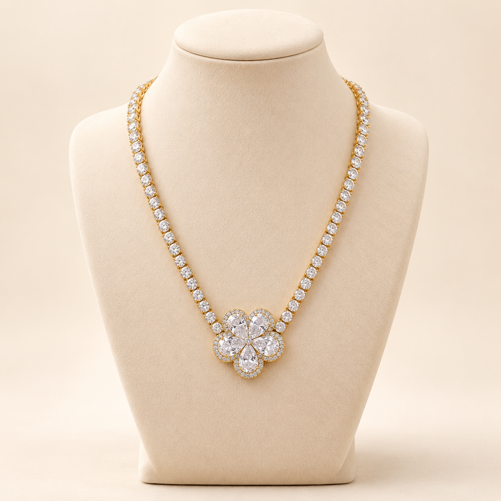 Pear Cut Flower Cluster Gold Tennis Necklace (MES100058)
