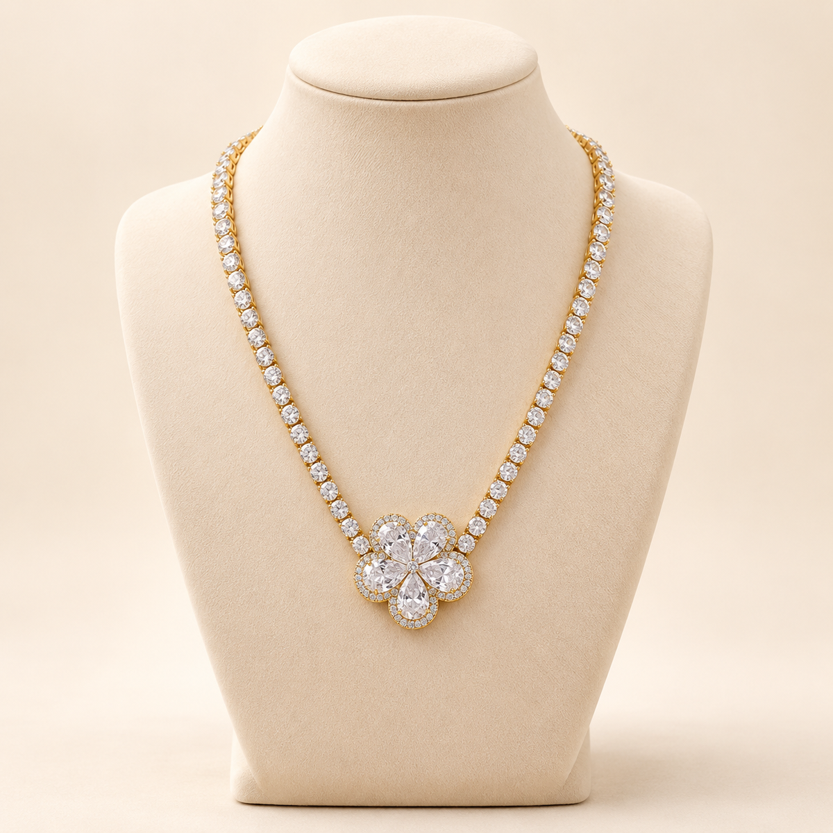 Pear Cut Flower Cluster Gold Tennis Necklace (MES100058)
