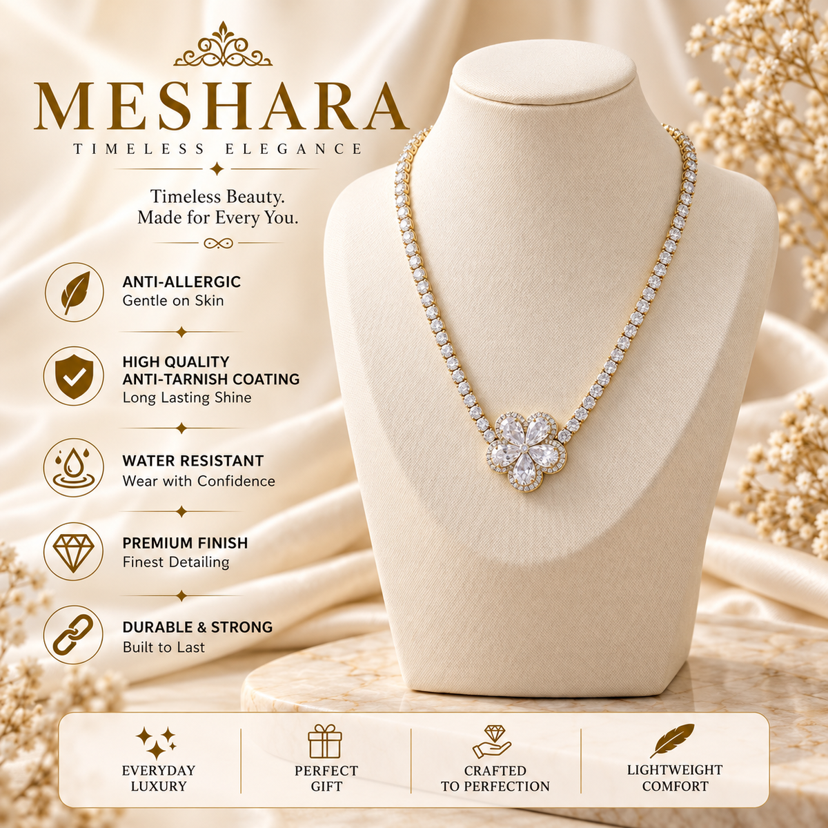 Pear Cut Flower Cluster Gold Tennis Necklace (MES100058)